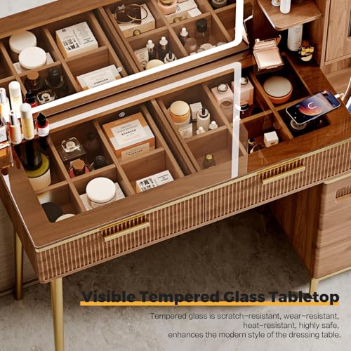 Modern Makeup Vanity Desk with Lighted Mirror, 5 Drawers & Charging Station