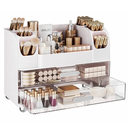 Delamu White Large Makeup Organizer Countertop with 6 Brush Holders