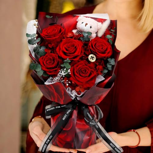 Preserved Rose Flower Bouquet with Bear in Gift Box