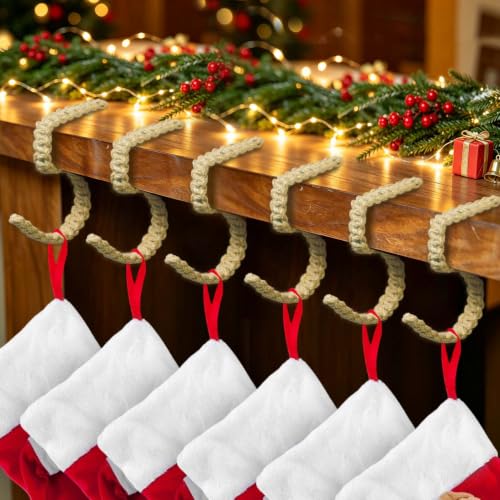 6 Pack Christmas Bendable Stocking Holders with Jute Rope - Rustic Mantle Hooks