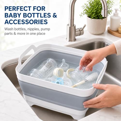 Vamako Collapsible Baby Bottle Wash Basin with Drain Plug - Cool Gray, 2.4 Gal (9L)