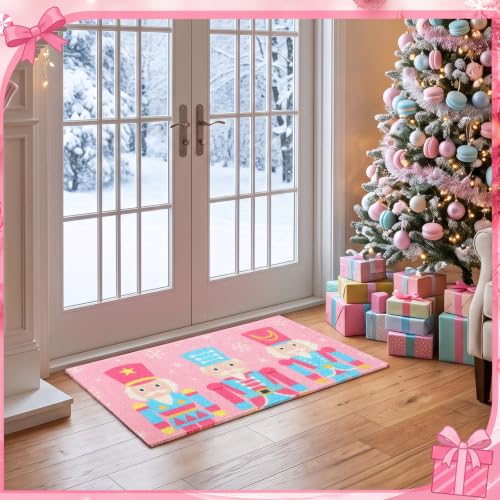 Pink Christmas Nutcracker Doormat - 27.6 x 15.7 Inch PVC Loop Pile Welcome Rug with Snowflakes
