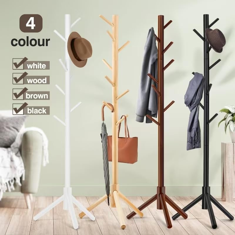Freestanding Wooden Coat Rack Tree with 8 Hooks & Adjustable Height