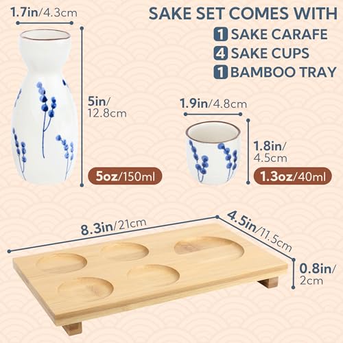 Ceramic Sake Set for 4 - Japanese Porcelain Sake Carafe & Cups - Gift Ready