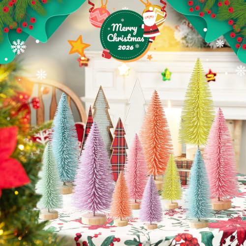 Bijoya 18 Pcs Mini Christmas Trees Set in 3 Sizes with Wooden Bases, 6 Colors