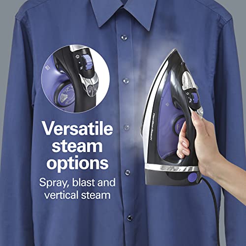 Hamilton Beach Steam Iron for Clothes, 1200W Stainless Steel Soleplate with Retractable Cord