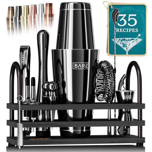 Bare Barrel 28oz Black Boston Shaker Cocktail Bar Set with Recipe Cards – Professional Mixology Kit