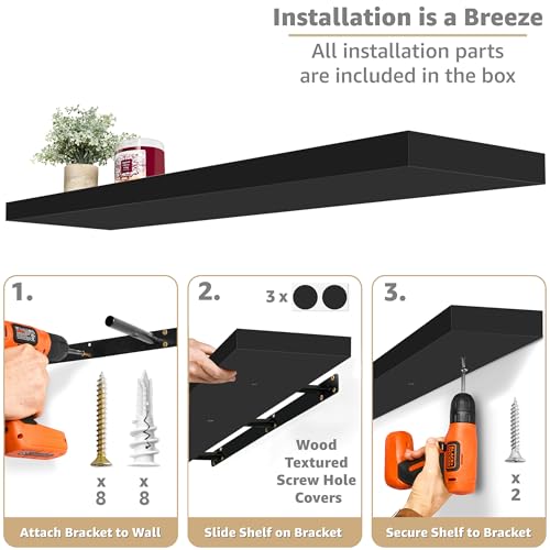 48-Inch Wall Mounted Floating Shelves with Invisible Brackets, Black (2 Pack)