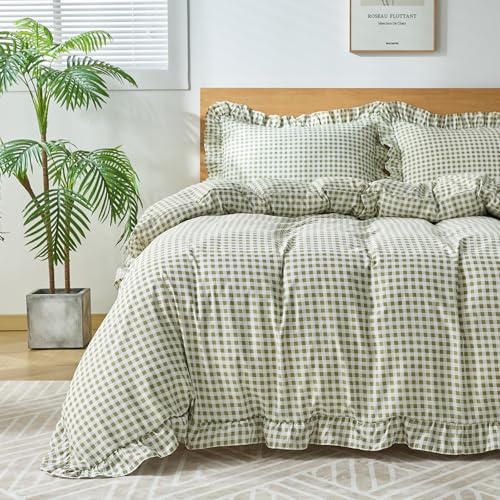 Sage Green Gingham Duvet Cover Set Queen, 3-Piece Soft Microfiber Ruffle Bedding
