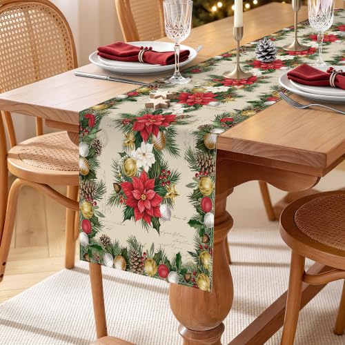 Bonhause Christmas Poinsettia Table Runner 13x72 Inch Holiday Decor, Red & Green