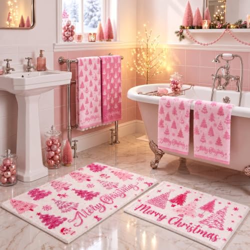 Moukeren Pink Christmas Tree Bathroom Set with Rugs & Hand Towels - Non-Slip, Absorbent Holiday Decor