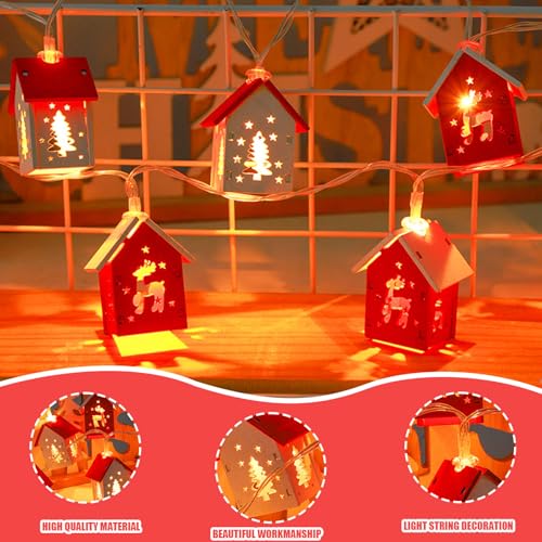 Christmas Wooden House String Lights - 6.56 FT 10 LEDs, Battery Operated Xmas Tree Decoration - Variation of Xmas Tree