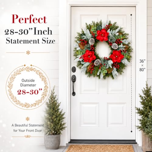 Hoobalon 28 Inch Frosted Red Magnolia Christmas Wreath for Front Door