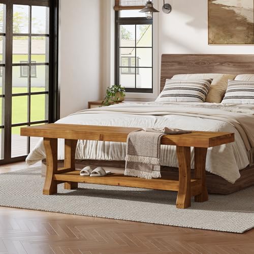 55-Inch Solid Wood Entryway Bench with Storage Shelf