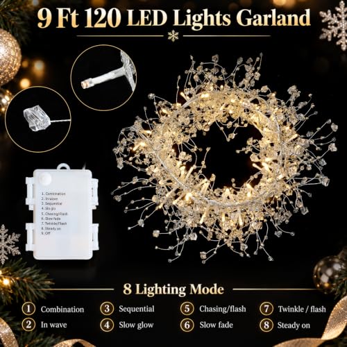 APUDWN 9 Ft 120 LED Crystal Light Garland for Christmas Mantel - Battery Powered