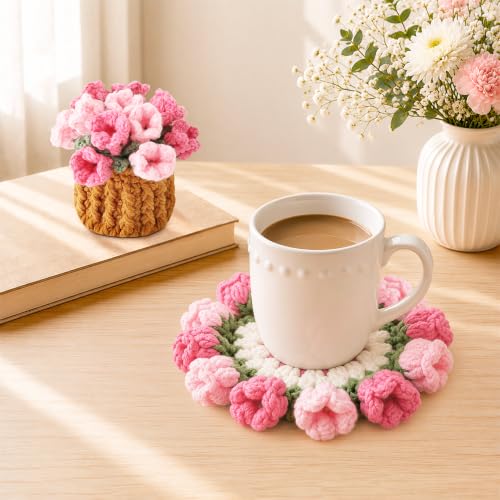 Vane Oak Pink Crochet Flower Coasters with Plant Pot - Handmade 1Pc