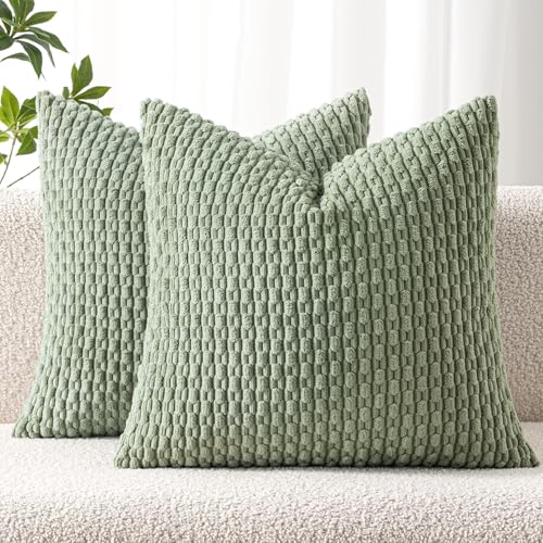 MIULEE Sage Green Corduroy Throw Pillow Covers 18x18 - Set of 2 Accent Covers