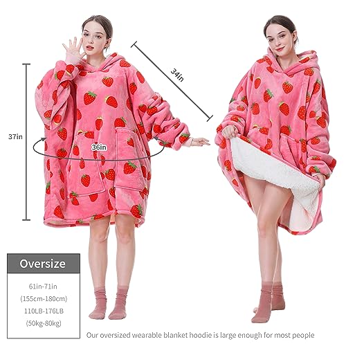 Oversized Strawberry Wearable Blanket Hoodie with Pockets and Sherpa Lining