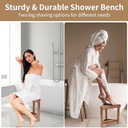 Acacia Wood Corner Shower Stool for Shaving with Storage Shelf, 15-Inch