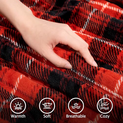 Electric Heated Blanket, Red Sherpa Plaid Throw, 8 Heat Levels