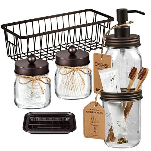 6-Piece Mason Jar Bathroom Accessory Set with Wire Basket