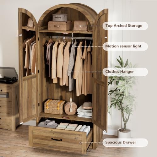 71" Arched Wooden Wardrobe Armoire with Mirror, Drawers, and Hanging Rod