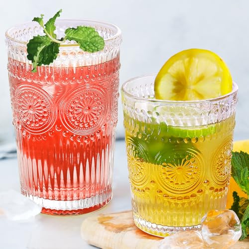 Loivttvv 12oz Vintage Clear Ribbed Highball Glasses Set - Embossed Sunflower Pattern for Cocktails Water Juice & Whiskey