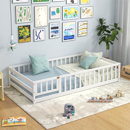 Twin Wooden Montessori Floor Bed Frame with Safety Guardrails & Door