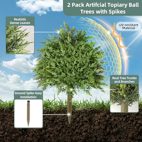 2-Pack 23-inch Artificial Cedar Topiary Ball Trees, UV-Resistant Faux Plants