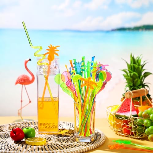Assorted Tropical Cocktail Swizzle Sticks Set - Flamingo, Pineapple, Palm Tree, Mermaid, Bamboo - Reusable Party Decor