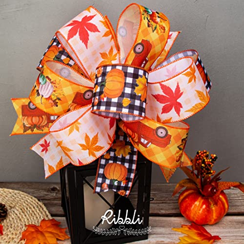 Ribbli Fall Ribbon, 6 Rolls Wired 2.5 in x 90 ft — Autumn Plaid & Maple Leaves Decorating Ribbon