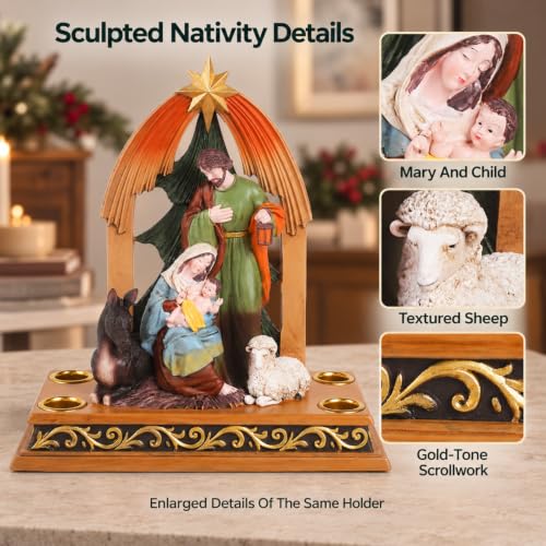 Christmas Nativity Advent Candle Holder - Descending Candlestick, Holy Family Scene