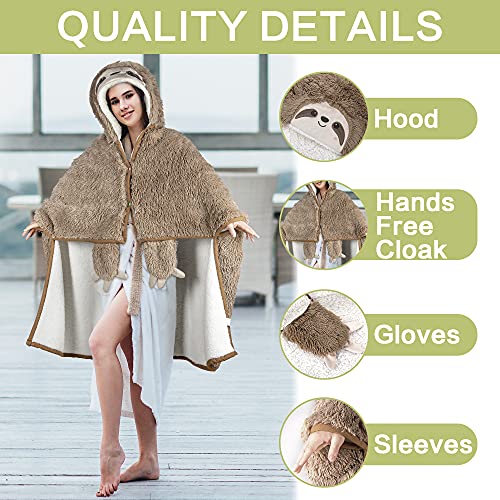 Sloth Wearable Hooded Blanket, Plush Faux Fur Sherpa Throw Cloak Wrap