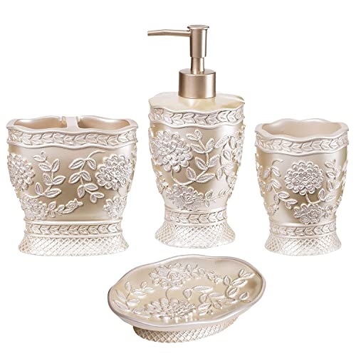 4-Piece Resin Bathroom Accessory Set - Rose Vine Design, Beige
