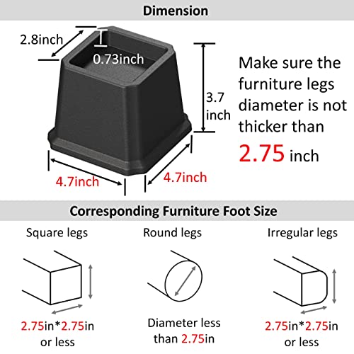 3 Inch Heavy Duty Bed Risers - Black Plastic Furniture Lifters, Set of 6