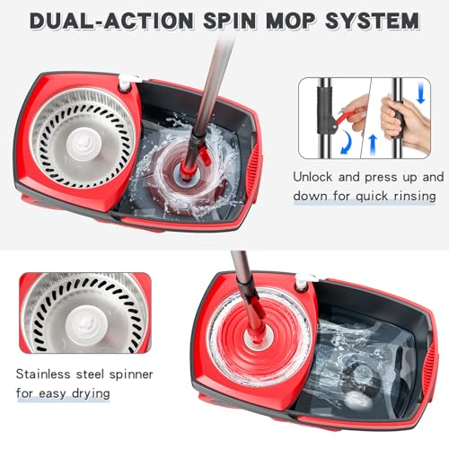 Spin Mop and Bucket Set with 6 Microfiber Heads, Stainless Steel Wringer