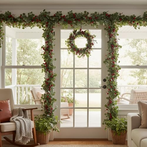 XunYee 1 Pcs 6ft Artificial Eucalyptus Garland with Red Berries – Christmas Holiday Decor (Variation: THIS listing: 1)