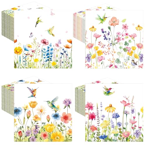 Fulmoon 200 Pcs Pastel Wildflower Cocktail Napkins - Hummingbird Design, 5-inch Disposable Party Paper Towels