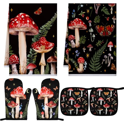 6-Piece Mushroom Kitchen Set: Oven Mitts, Pot Holders, and Dish Towels