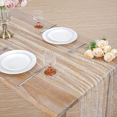 Beige Gold Metallic Gauze Table Runner 28x120 Inches - B-COOL