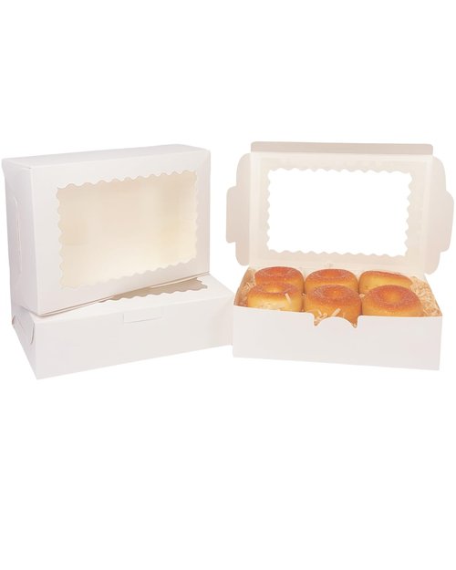 qiqee 50Pcs White Cookie Box with Window 9x6x2.5 Inch Pastry Macaron Bakery Box For Packaging
