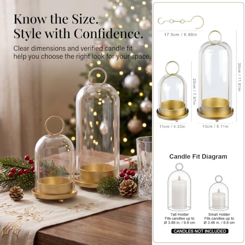 Gold Hurricane Candle Holders Set of 2 with Glass Dome, 4" & 5" Wide – Fohil Metal & Glass Centerpiece