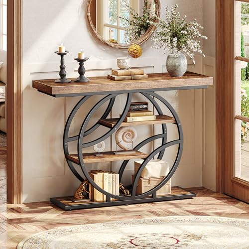 Huuger Rustic Brown Entryway Table 41.3 Inch with Curved Metal Frame, 11.8"D x 41.3"W x 31.5"H