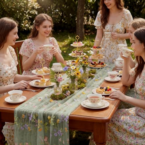 Sage Green Floral Embroidered Table Runner 120-Inch Sheer Spring Decor