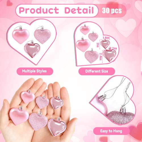 LEBERY Pink Valentine Heart Shaped Ornaments – 30Pcs Hanging Christmas & Wedding Decor (Pink)