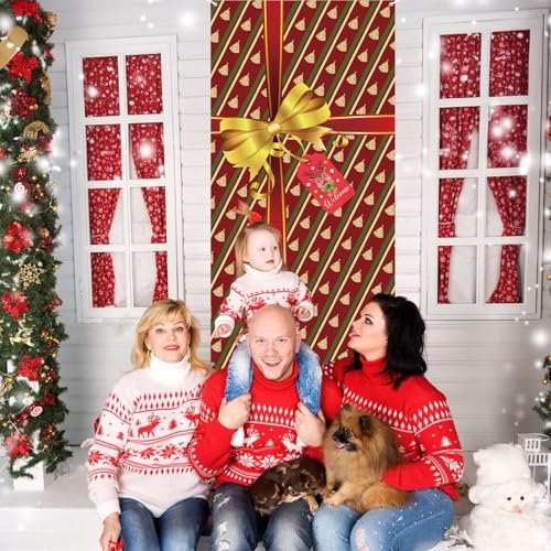 Jobkoo 185x90cm Red Merry Christmas Door Cover Banner - Outdoor/Indoor Gift Box Theme
