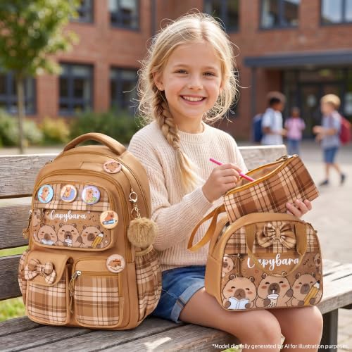 Cute Capybara Girls School Backpack Set with Lunch Box and Pencil Case