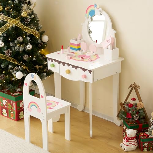 Kids Vanity Table Set with Stool and 7 Makeup Accessories, Rainbow Design