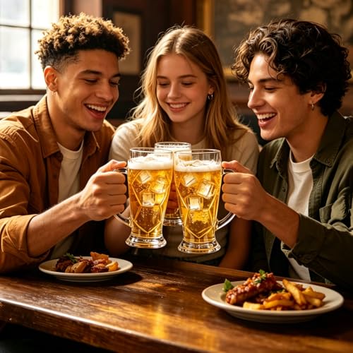22oz Frosted Glass Beer Steins, 3D Hexagon Textured Mugs, Set of 2
