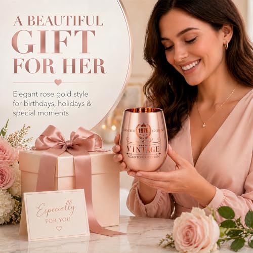 18oz Rose Gold 50th Birthday Wine Glass - Vintage 1976 Engraved Crystal